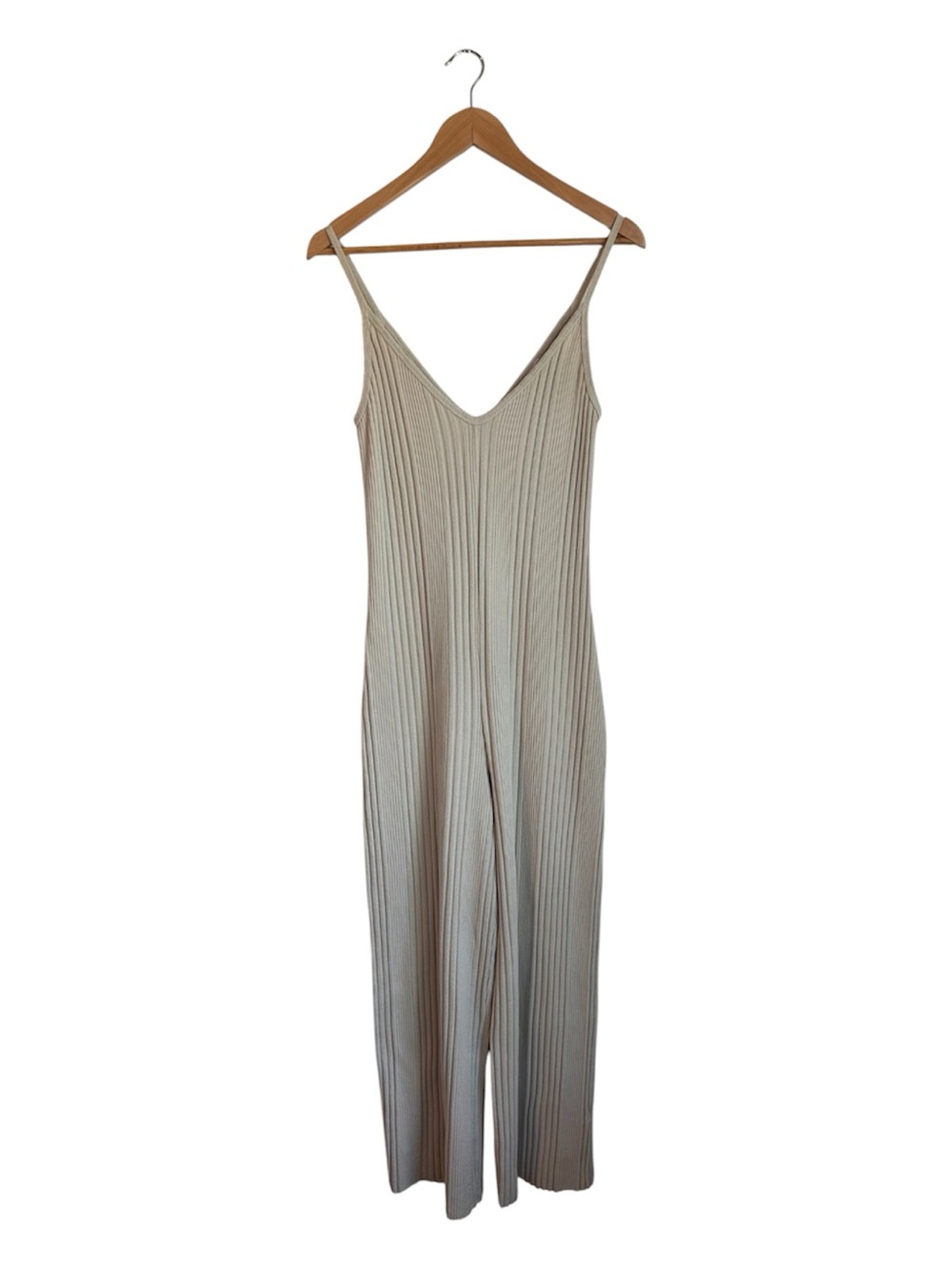 Stateside Ribbed Knit Spaghetti Strap Jumpsuit in Light Beige Size Small